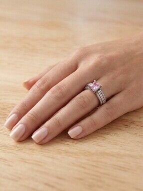 925 Silver-Tone Pink Cubic Zirconia Engagement Ring size 11